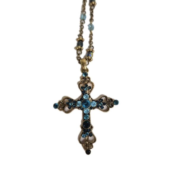 Vtg 80s NINA RICCI for AVON Blue AB Austrian Crystal Cross Pendant Necklace 20" - Picture 1 of 9